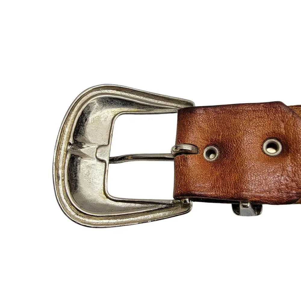 Vintage Brown Leather Studded Concho Belt Four Leaf Clover Silver Tone Boho